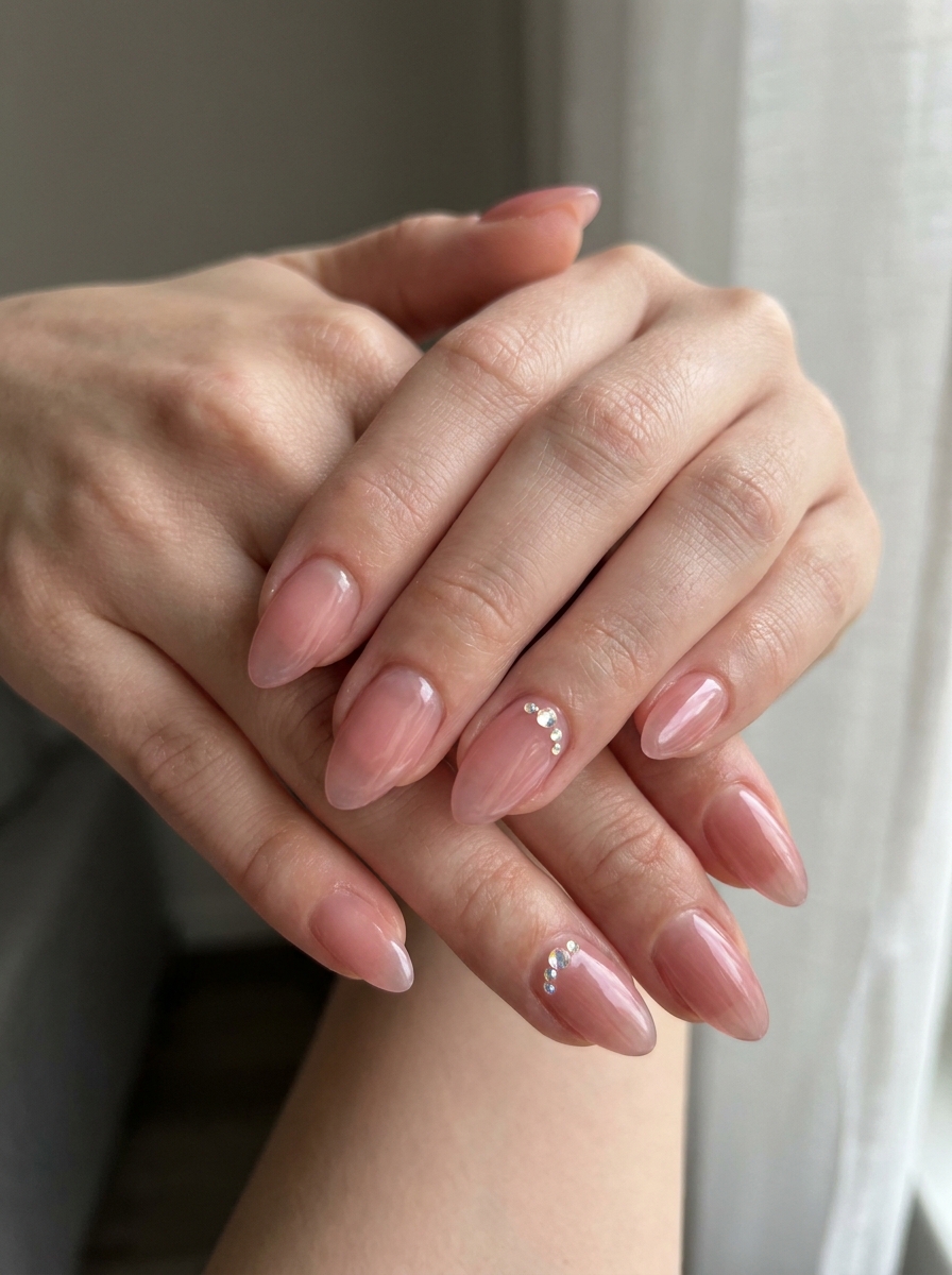 Rosé Glassteinnägel mit romantischer rosa Basis und feinen Steinchen